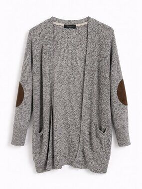 RDI Marled Knit Open Cardigan Size M Gray Elbow Patch Cozy Layering Sweater